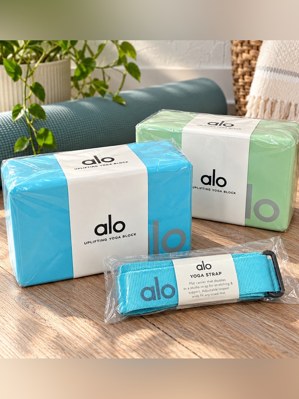 NWT Alo Yoga 3 Pc Yoga Set Blocks + Strap Aqua Honeydew A0084U A0026U